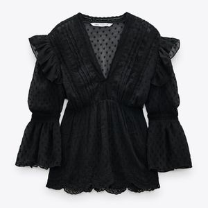 Zara Black Swiss Dot Lace-Trim V-Neck Blouse